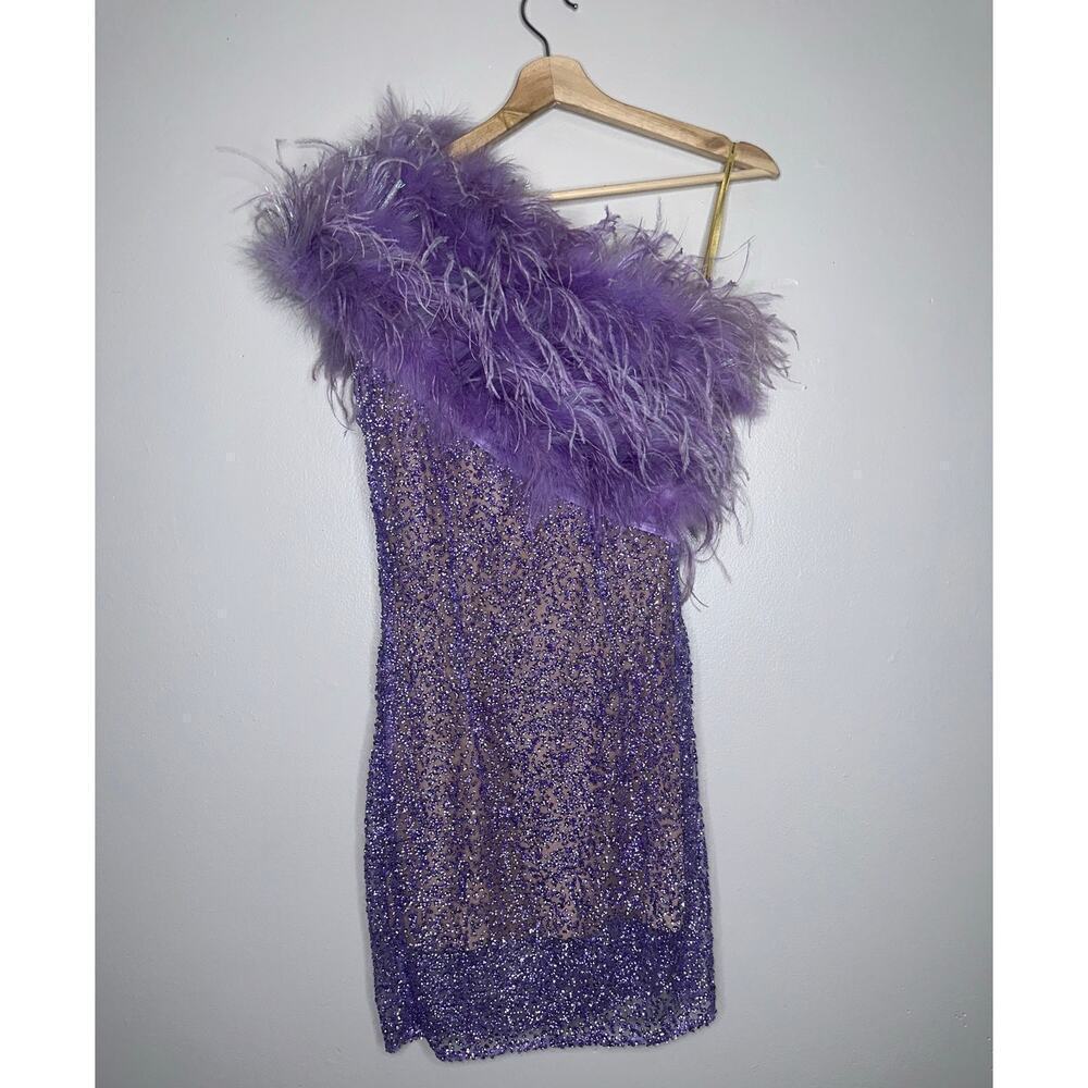 Bronx & Banco Lulu Feather Mini Dress Lilac Purple Sequin Embellished Size 6 - Picture 8 of 12